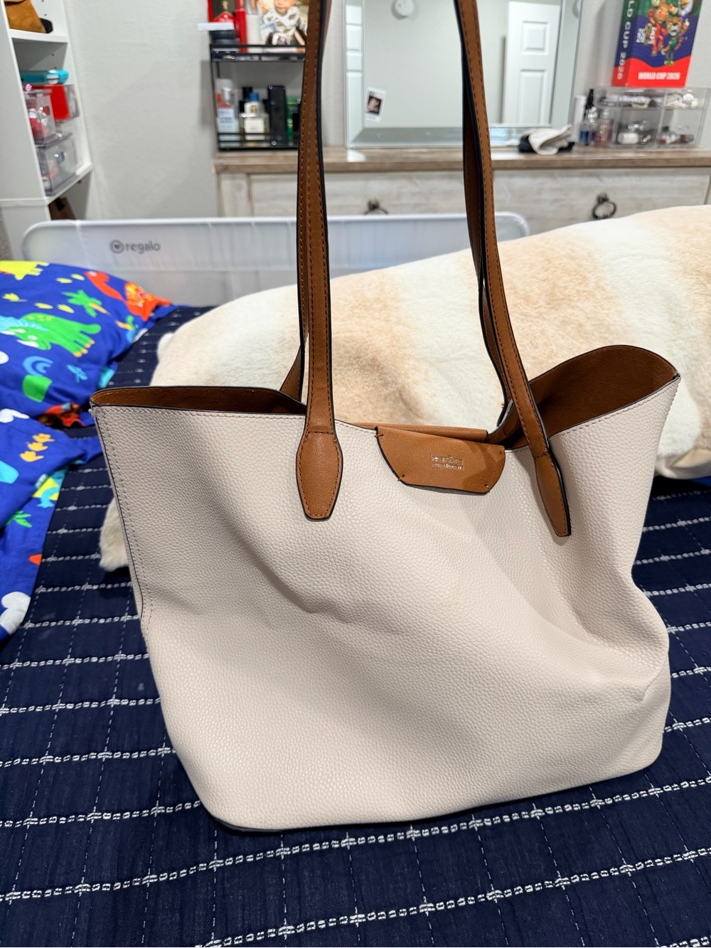 Seven Days Cream and Brown Reversible Leather Tote